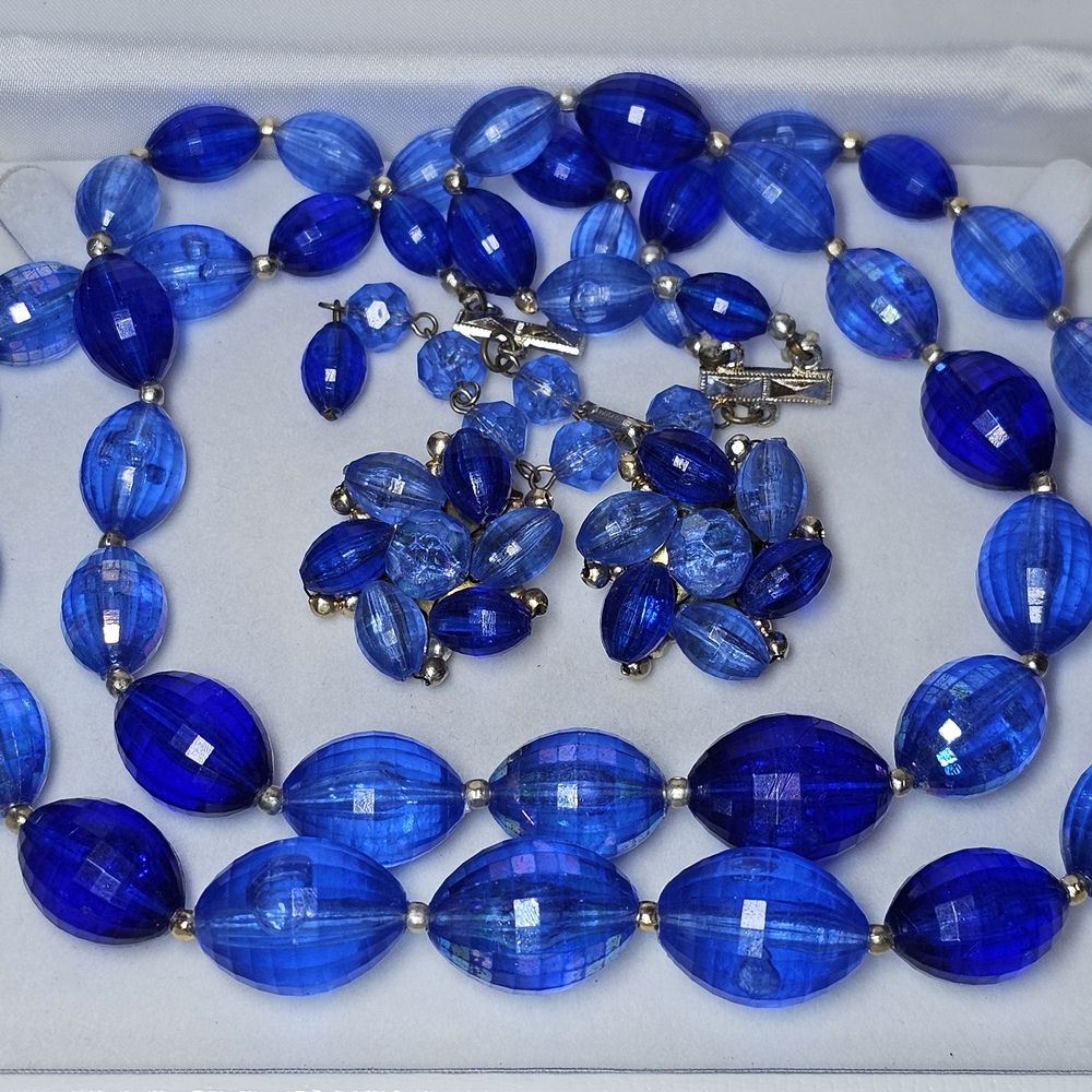 Vintage Blue Beaded Necklace and Earring Set